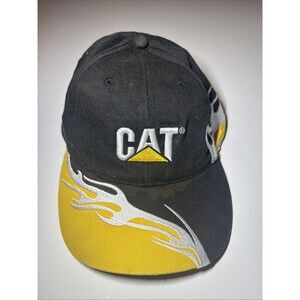 CAT Caterpiller Logo Flames Black Hat Yellow Embroidered One Size Fits Most VTG
